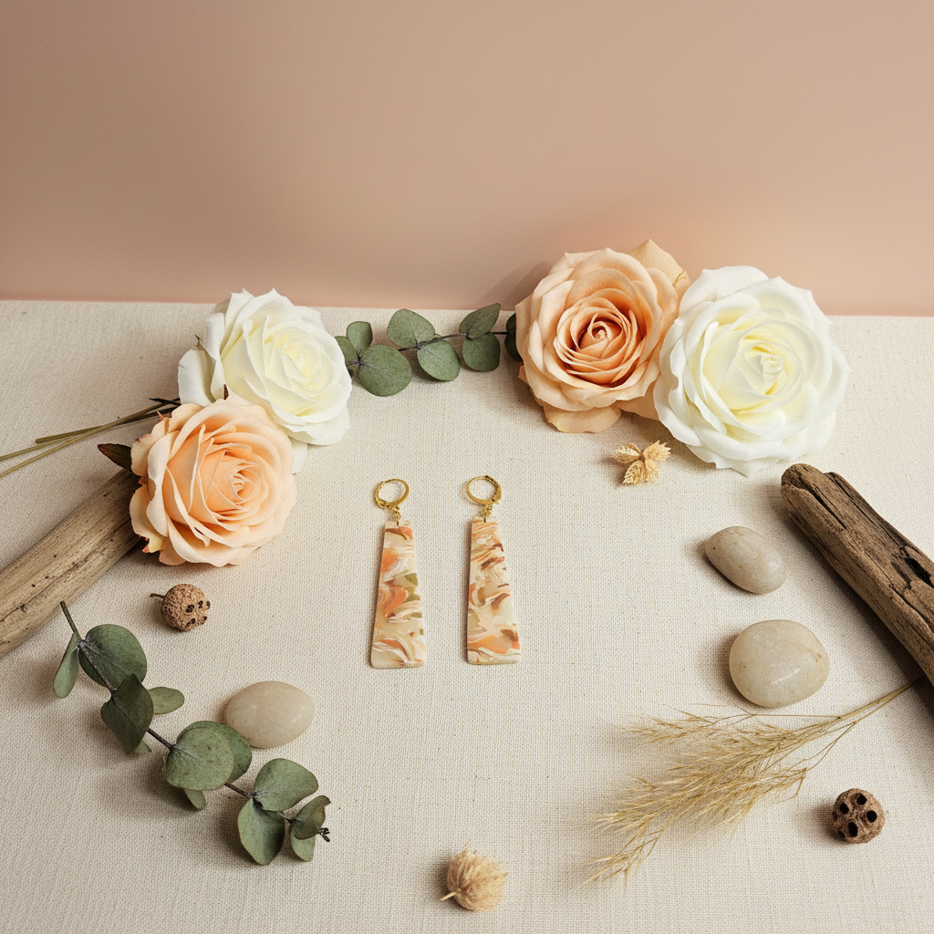 "Handmade polymer clay agate fob style earrings with marbled rectangular dangles in cream, peach, coral, and sage green"