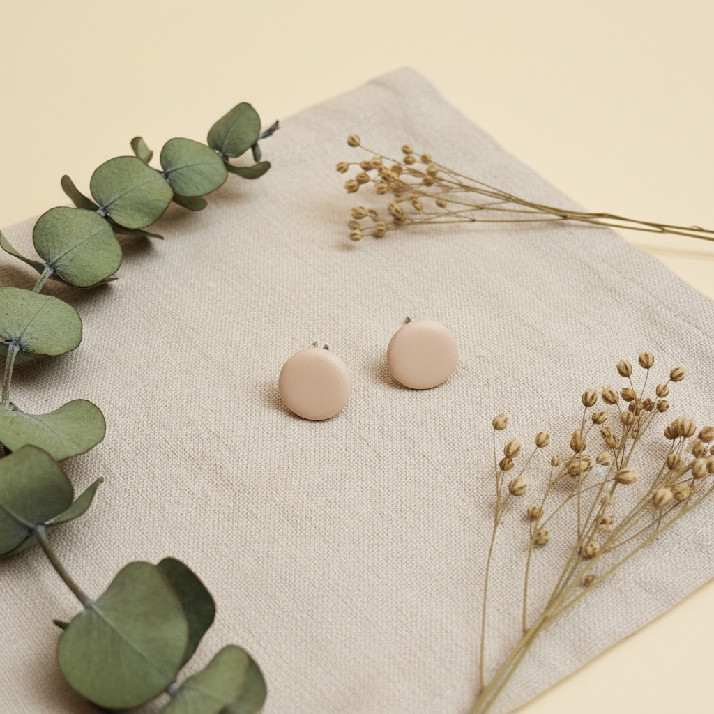 "Handmade polymer clay almond stud earrings in natural beige matte finish"