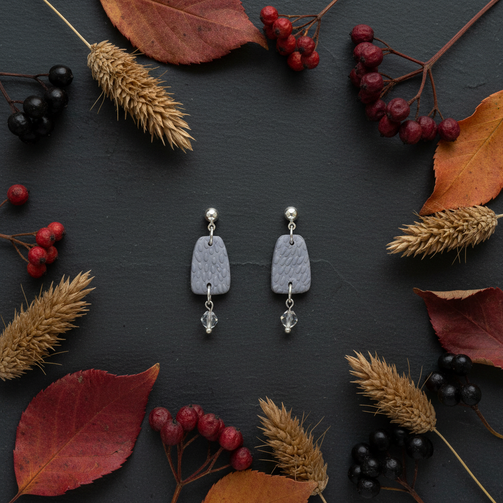 Handmade polymer clay Botanical Crystal Earrings in Vapor Blue — soft grey-blue textured trapezoid drop with silver ball stud and crystal bead dangle, styled flat lay with dried autumn leaves, seed heads and berries by Crafty Larder New Zealand