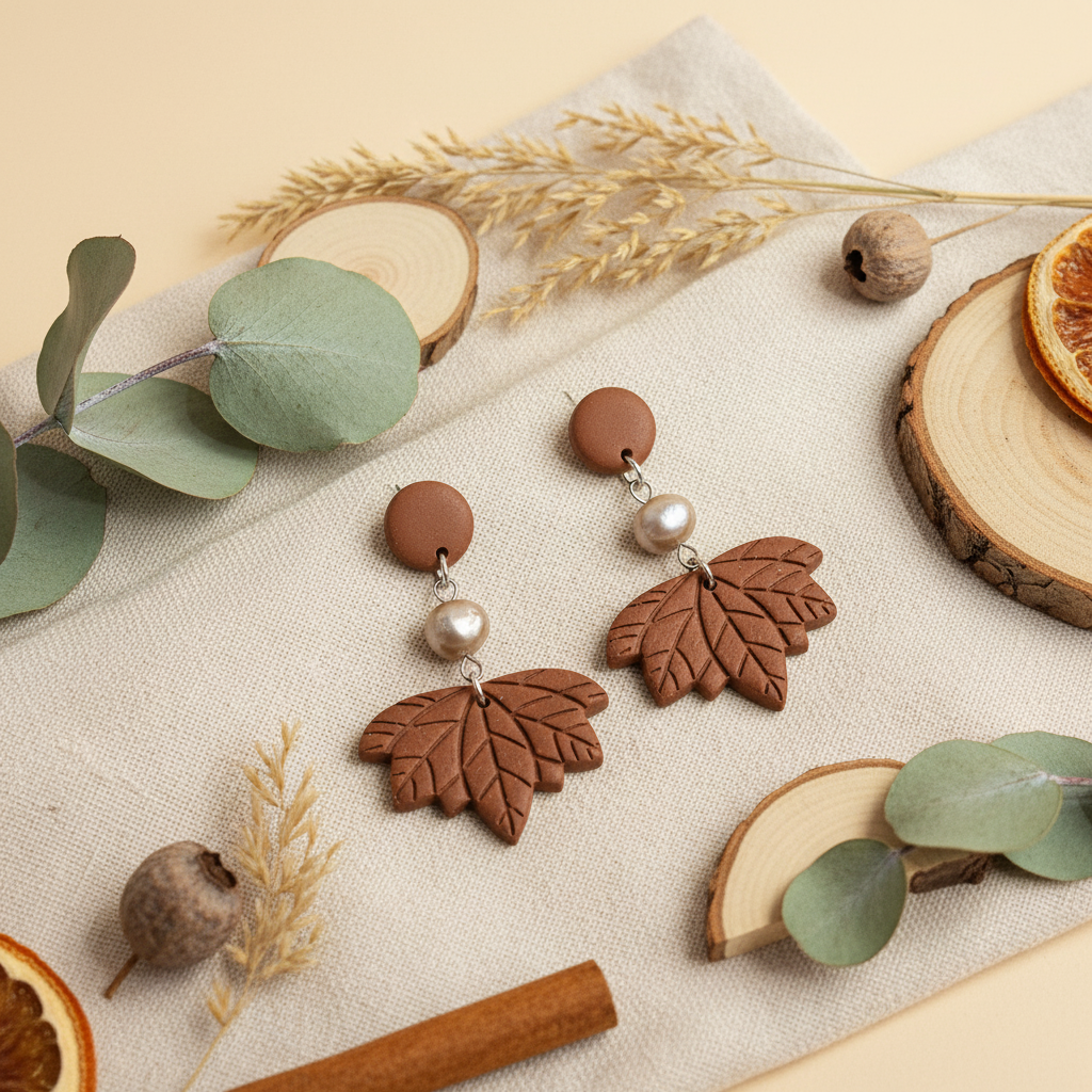 "Handmade polymer clay cocoa bean and pearl earrings with lotus leaf dangles"