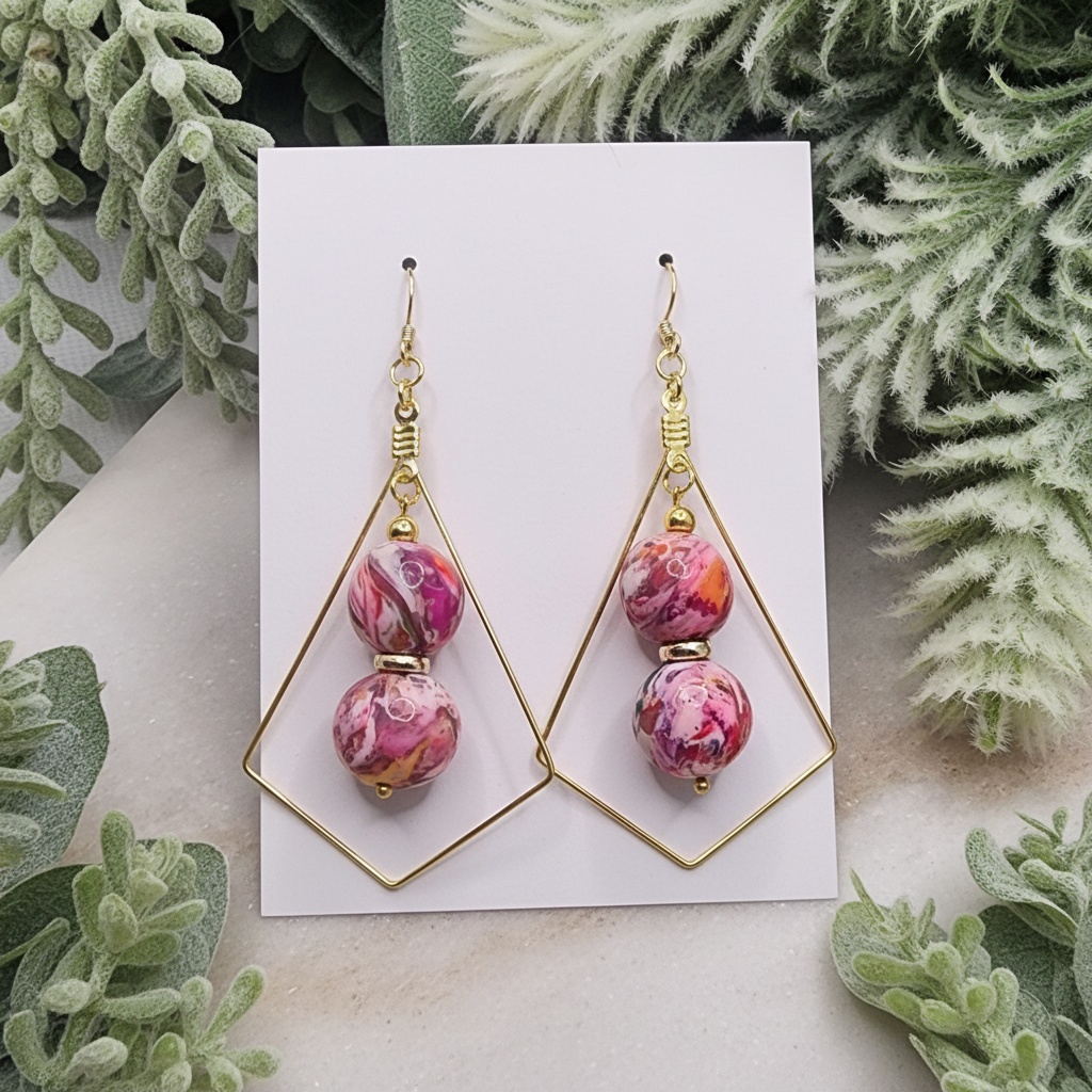 "Handmade polymer clay double marble bead frame earrings with pink coral purple stacked beads inside gold diamond frames"