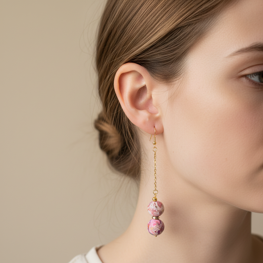 "Handmade polymer clay double marble chain drop earrings with pink coral purple stacked round beads and gold chain"