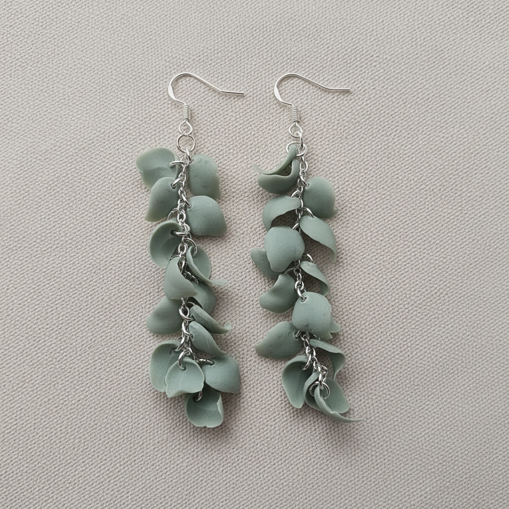 "Handmade polymer clay eucalyptus leaf dangle earrings with cascading blue-green eucalyptus leaves connected by delicate silver chains"