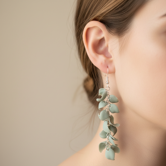 "Handmade polymer clay eucalyptus leaf dangle earrings with cascading blue-green eucalyptus leaves connected by delicate silver chains"
