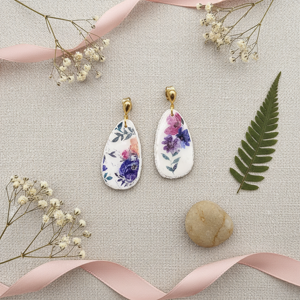 Flat lay of Garden Teardrop Dangles with complementary dried flowers and natural styling on neutral surface