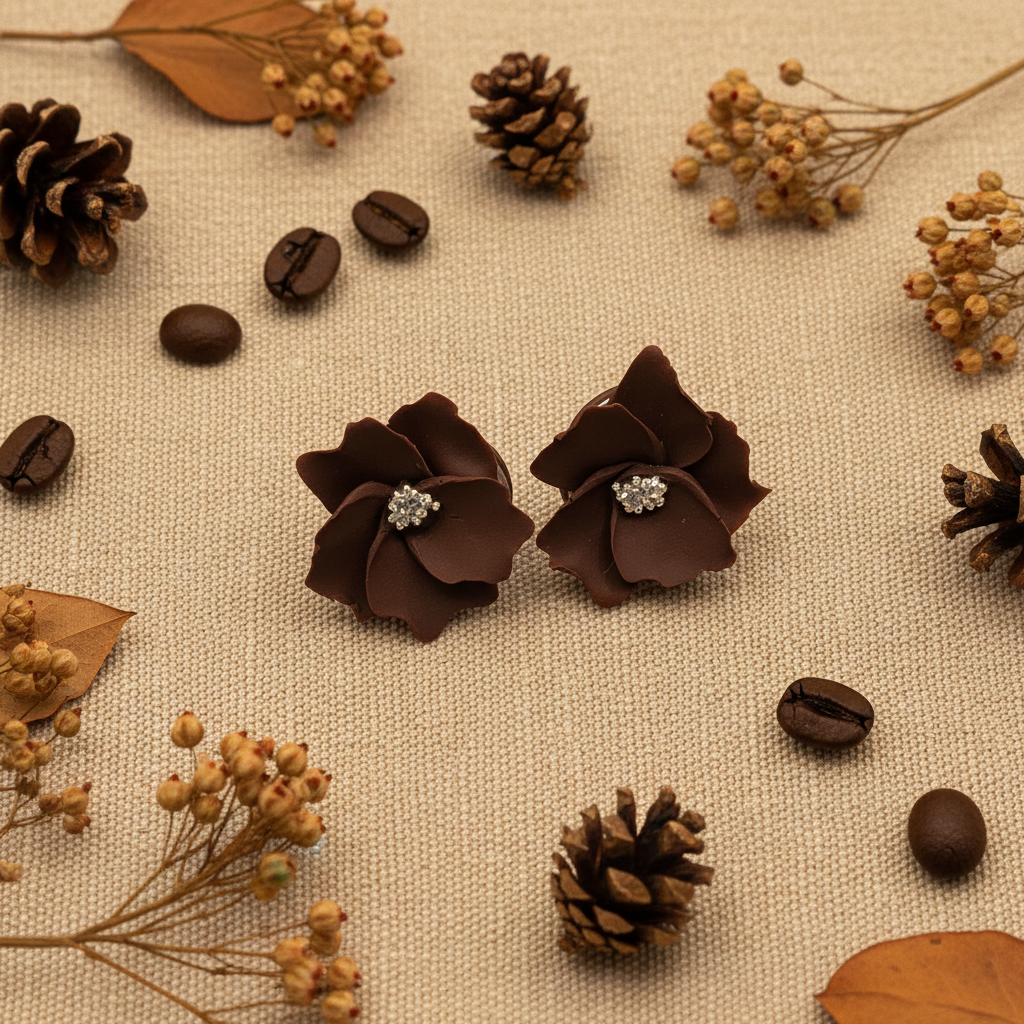 Bloom Studs in Hot Chocolate flat lay with dried botanicals and coffee beans on warm linen, handmade polymer clay earrings from Crafty Larder's Harvest & Dusk Collection