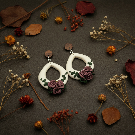 Handcrafted polymer clay white oval open hoop earrings with dusty mauve damson roses and dark green vine leaves, displayed on a dark grey surface with deep red autumn leaves, dried orange strawflowers and tiny red berries — Damson Vine Rose by Crafty Larder, New Zealand