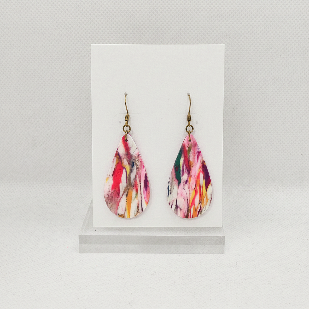 Handmade multicolour marble swirl polymer clay teardrop drop earrings on plain white card, by Crafty Larder NZ