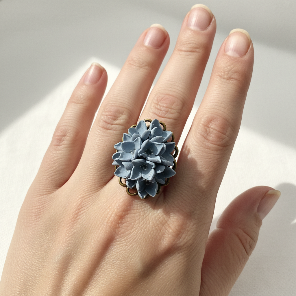 Model wearing handmade polymer clay dusty blue flower ring with full floral cluster on antique brass oval filigree base, by Crafty Larder NZ