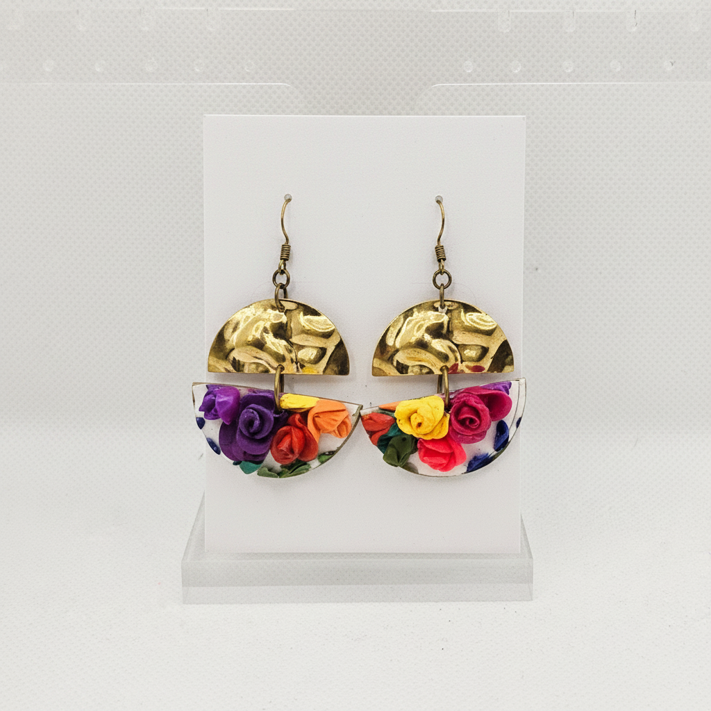 Handmade hammered brass and polymer clay rose garden moon drop earrings on plain white card, by Crafty Larder NZ
