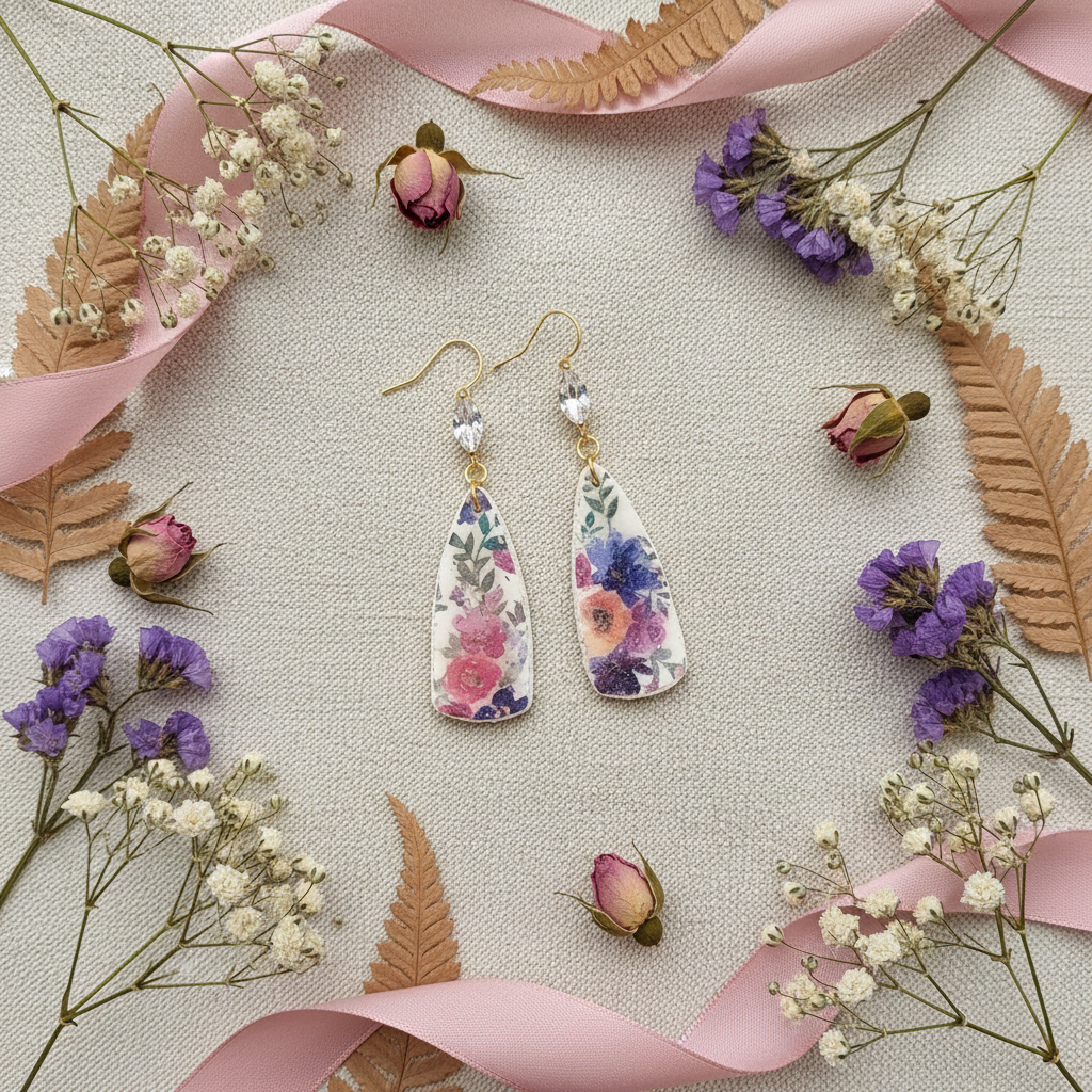 Garden Crystal Paddle Dangles flat lay — watercolour floral polymer clay earrings with crystal marquise hooks, handmade jewellery by Crafty Larder
