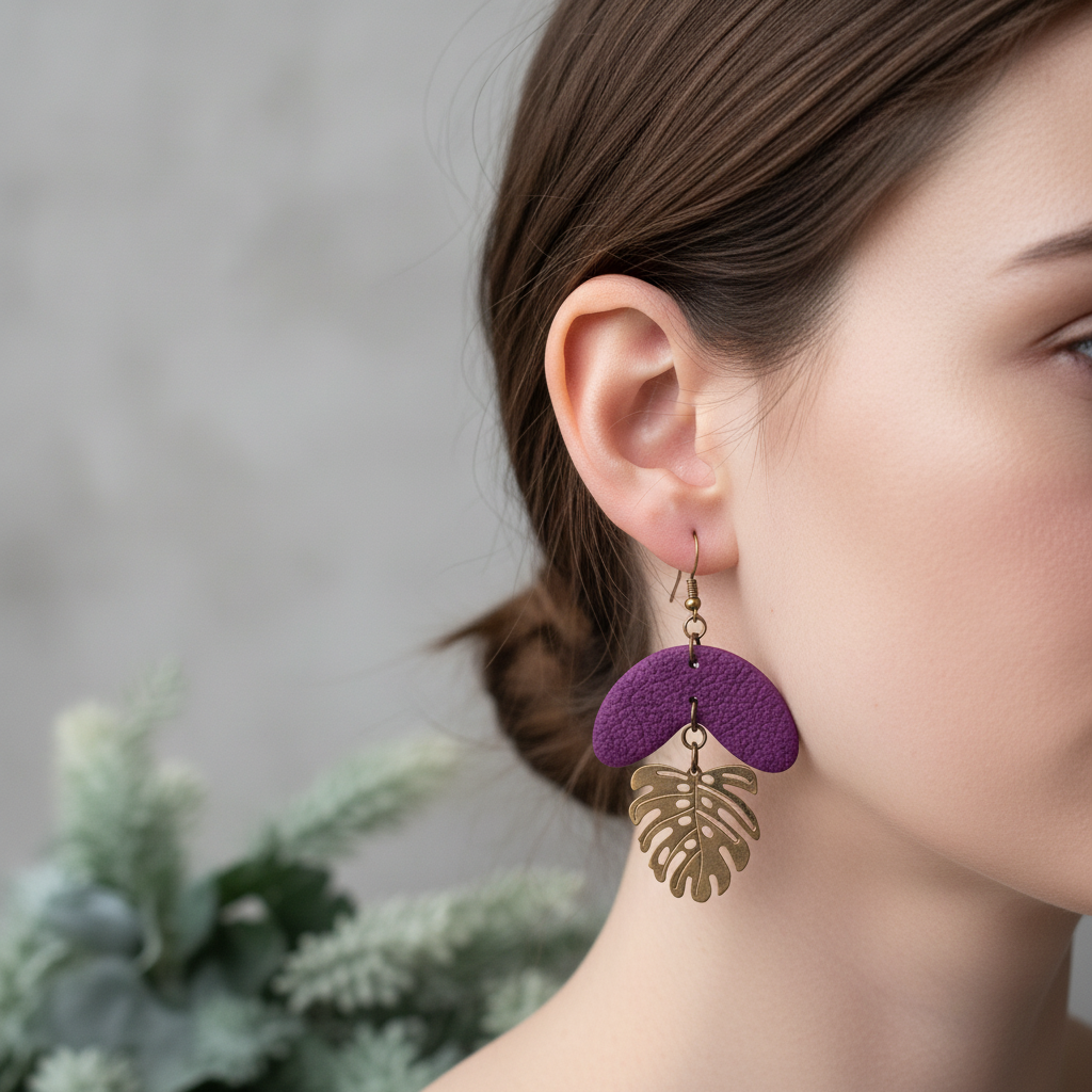 "Handmade polymer clay monstera leaf summer dangle earrings with textured half moon shapes and bronze monstera leaf charms - available in orange, purple and fluoro pink"