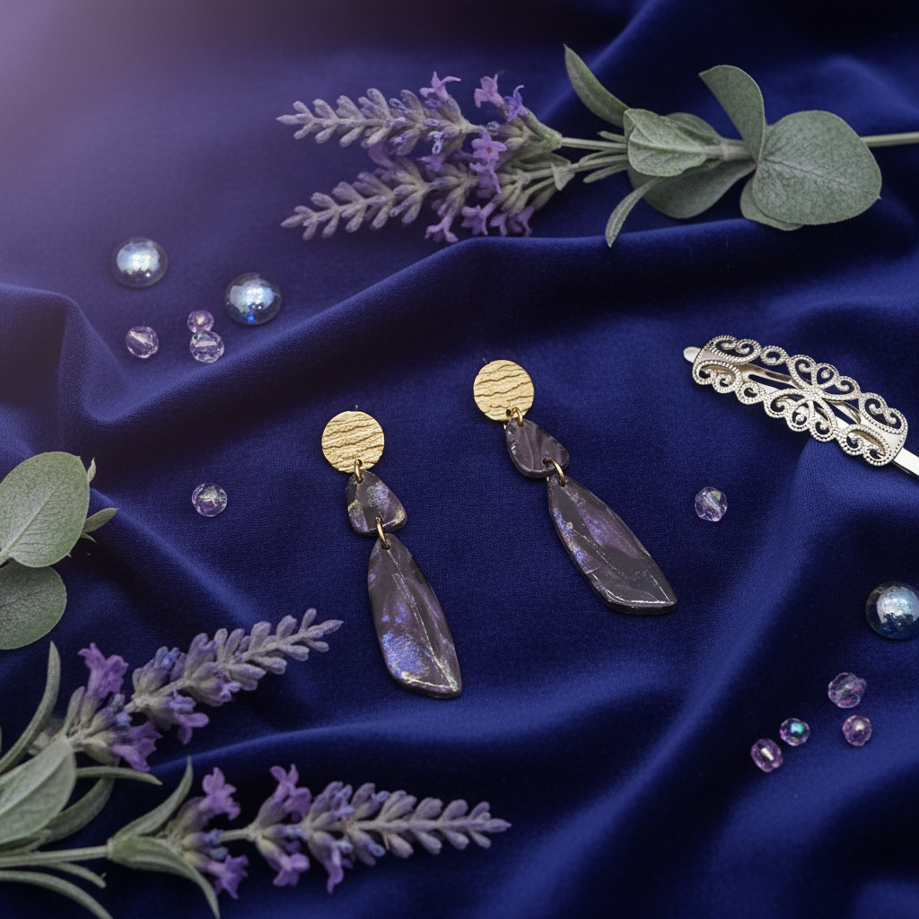 "Handmade polymer clay fob drop earrings with gold textured circular studs and purple/black mica shimmer teardrop dangles"