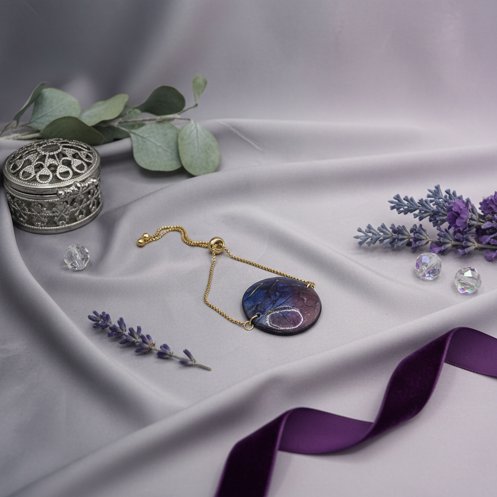 "Handmade polymer clay bracelet with large circular purple/blue mica shimmer pendant with gold marbling on adjustable gold chain"