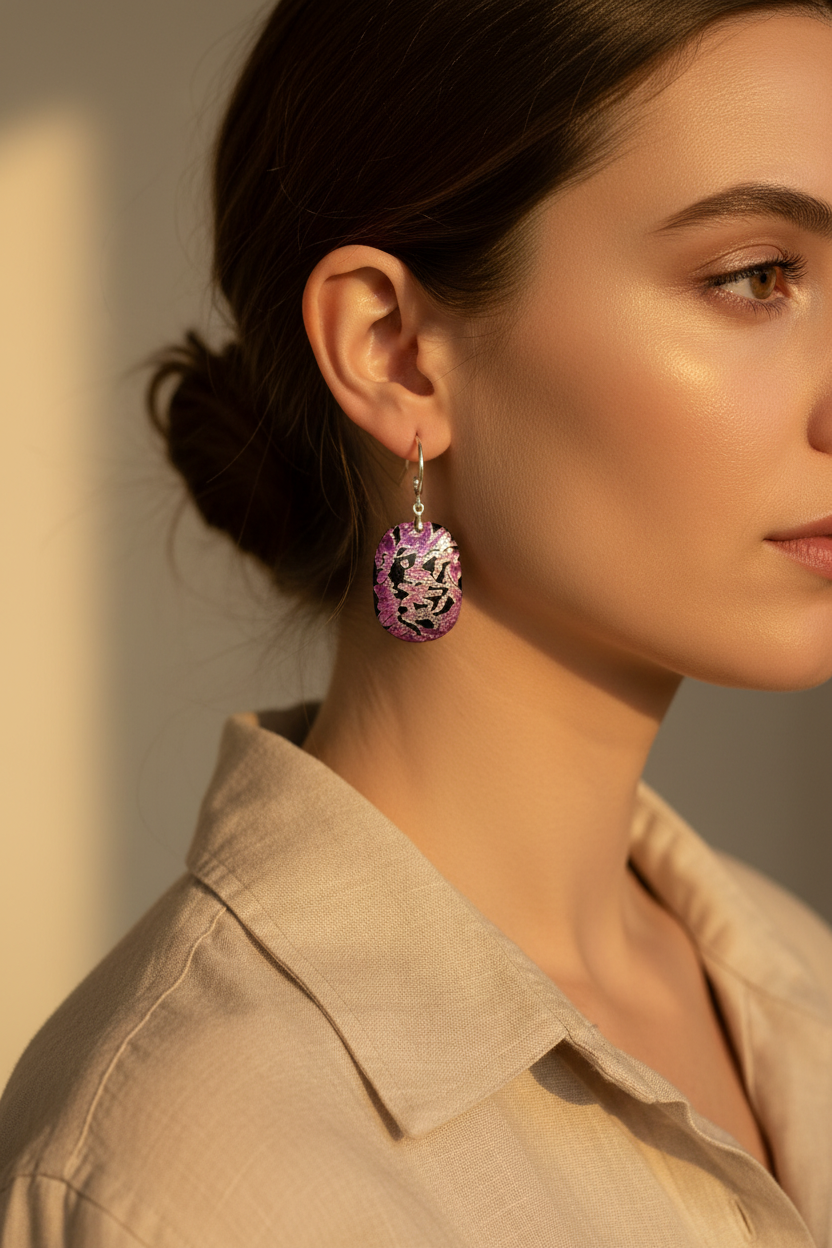Woman wearing Pink Noir Oval Earrings - handmade polymer clay dangle earrings with 3D floral pattern in black pink and silver