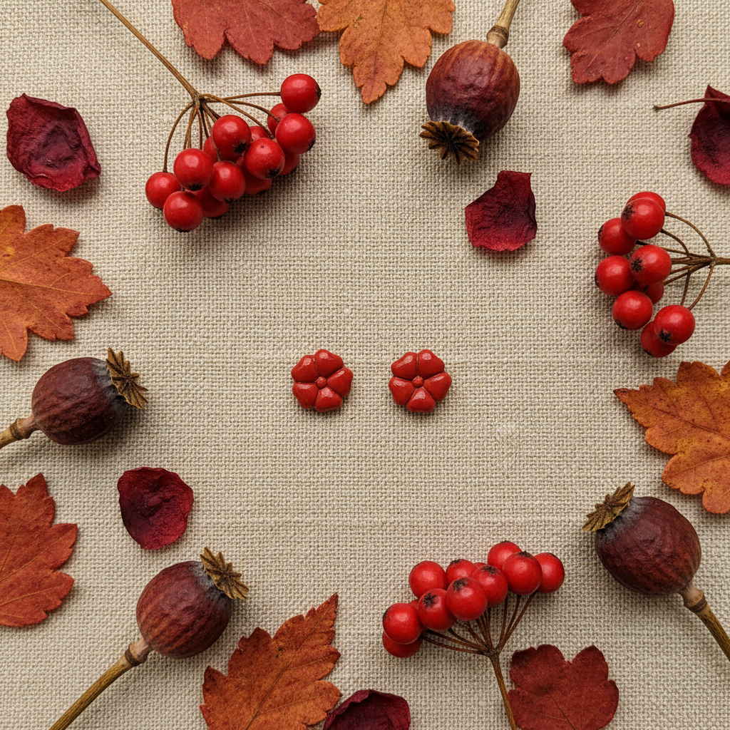 Blossom Studs in Poppy Red flat lay with dried red poppies and russet autumn leaves on warm linen, handmade polymer clay earrings from Crafty Larder's Harvest & Dusk Collection