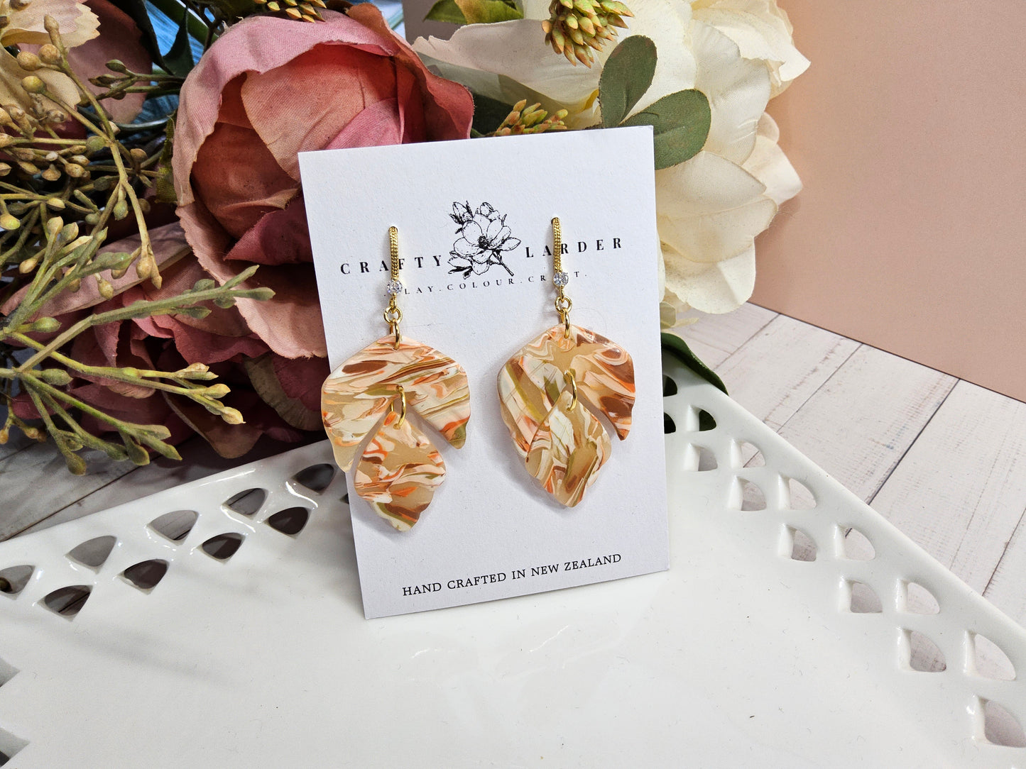 Agate Monstera Leaf Earrings