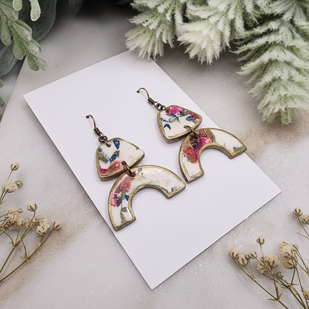 "Handmade polymer clay romantic floral arch dangle earrings with pink coral blue floral pattern on cream triangle and arch shapes with bronze connectors"