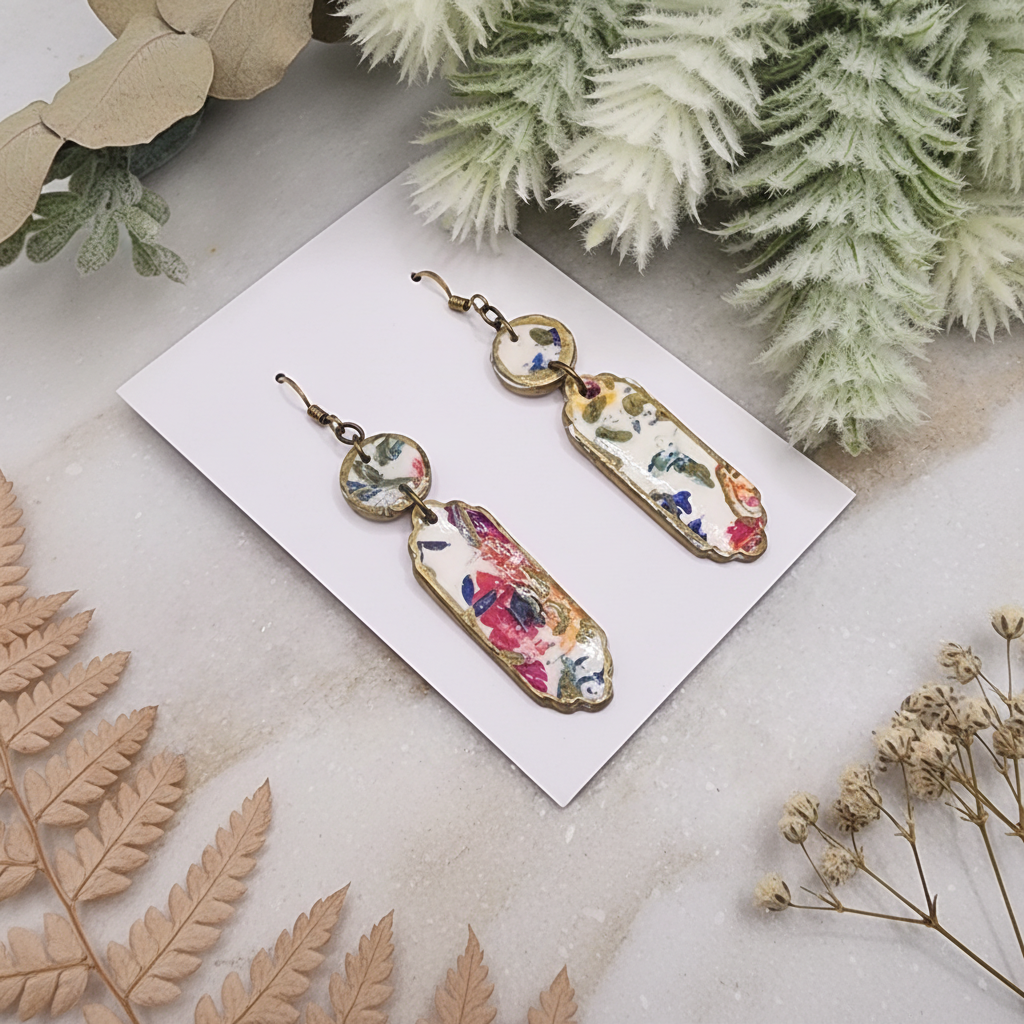"Handmade polymer clay romantic floral fob dangle earrings with pink coral blue green floral pattern on oval pendants and bronze connectors"