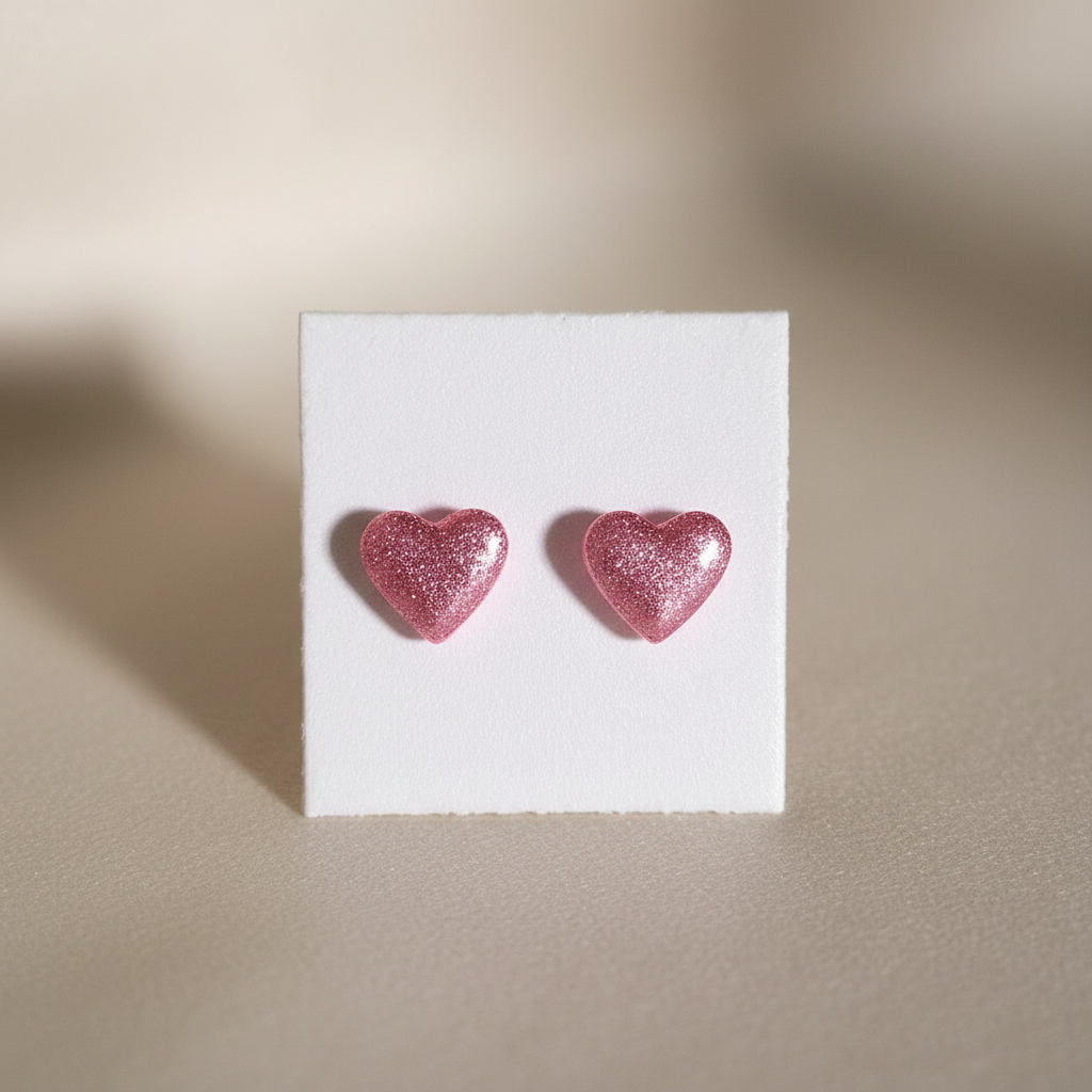 "Handmade polymer clay sparkling pink glitter heart stud earrings"