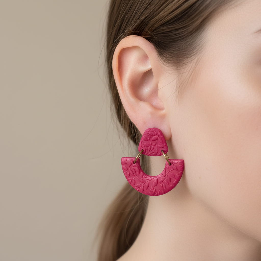 Summer Bloom Arc Dangle Earrings Raspberry Pink - On Model