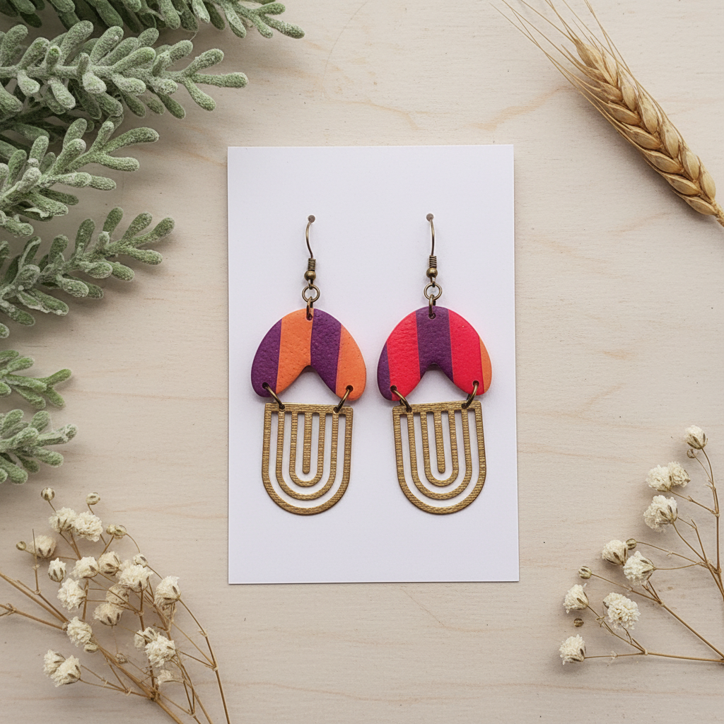 "Handmade polymer clay summer stripe arch dangle earrings with purple orange red pink yellow stripes and gold U-shaped layered charms"