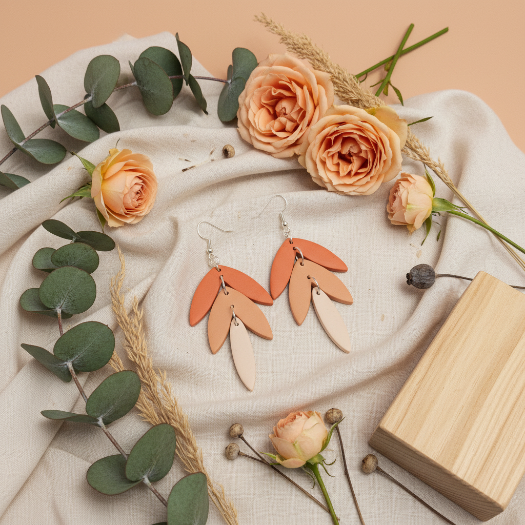 "Handmade polymer clay tri colour statement earrings with layered leaves in coral, peach, and cream gradient"