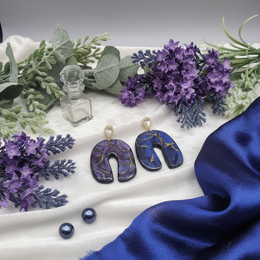 "Handmade polymer clay U-shaped arch earrings with gold textured teardrop stud posts and purple/blue mica shimmer dangles with gold marbling"