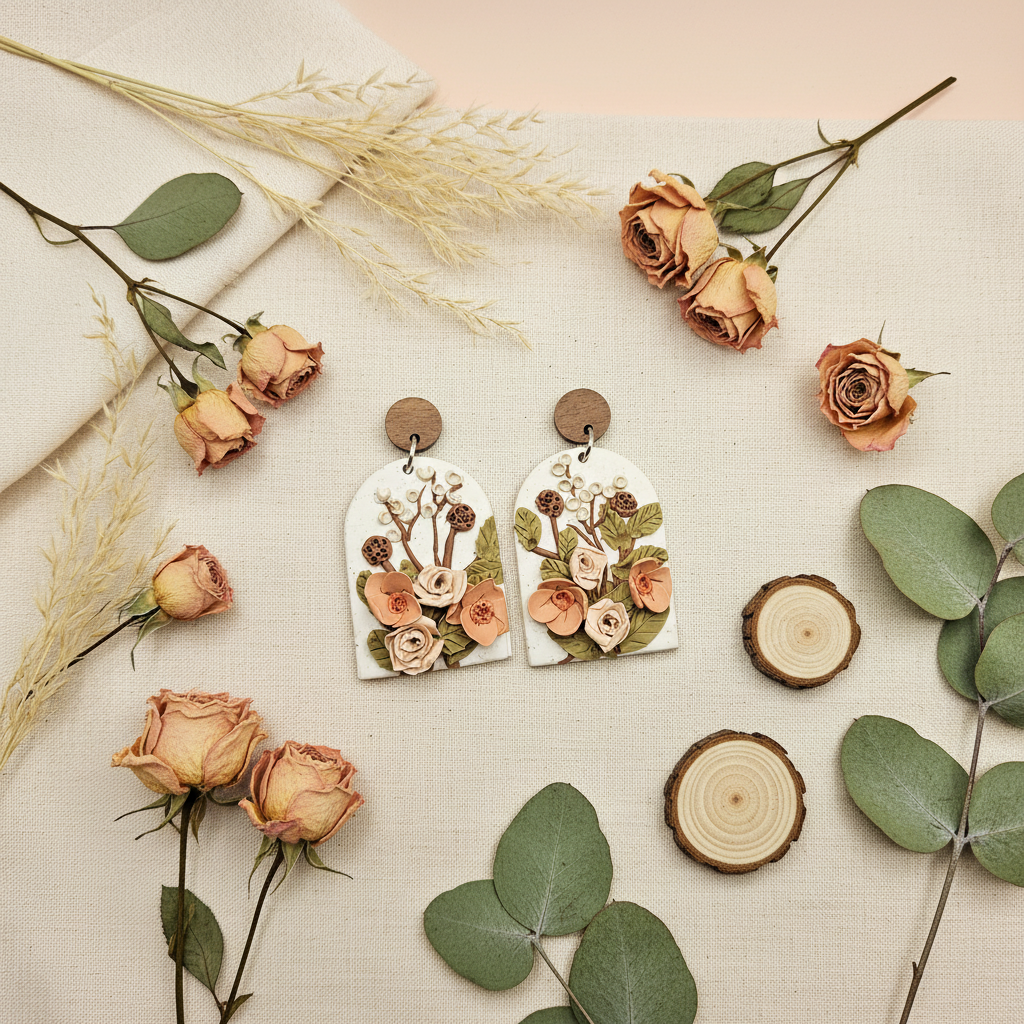 "Handmade polymer clay walnut floral statement earrings with 3D roses, sage green leaves and brown berry accents"