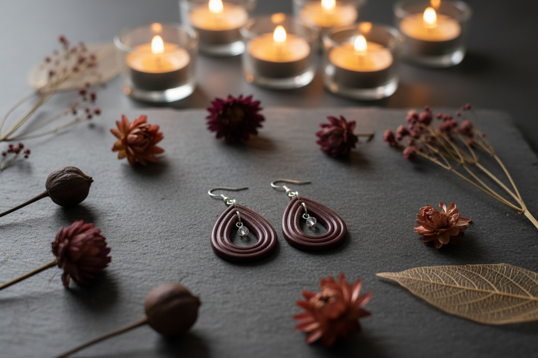 Handmade wine and mauve polymer clay teardrop earrings styled on a dark slate surface with dried autumn botanicals and warm candlelight — Harvest & Dusk Collection by Crafty Larder
