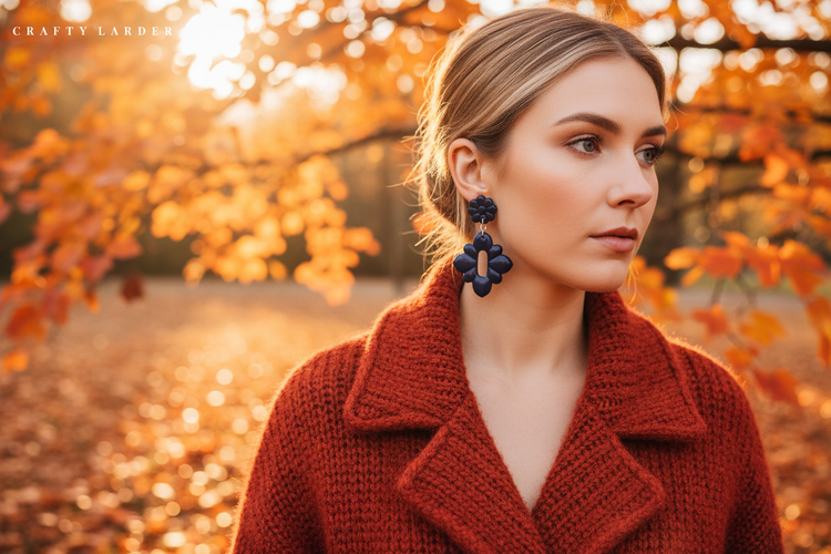 Model wearing Crafty Larder Crown Blue Gerbera Drop Earrings outdoors in autumn — handmade deep navy polymer clay quatrefoil drop earrings with flower stud, styled with a chili red wool coat surrounded by golden autumn leaves