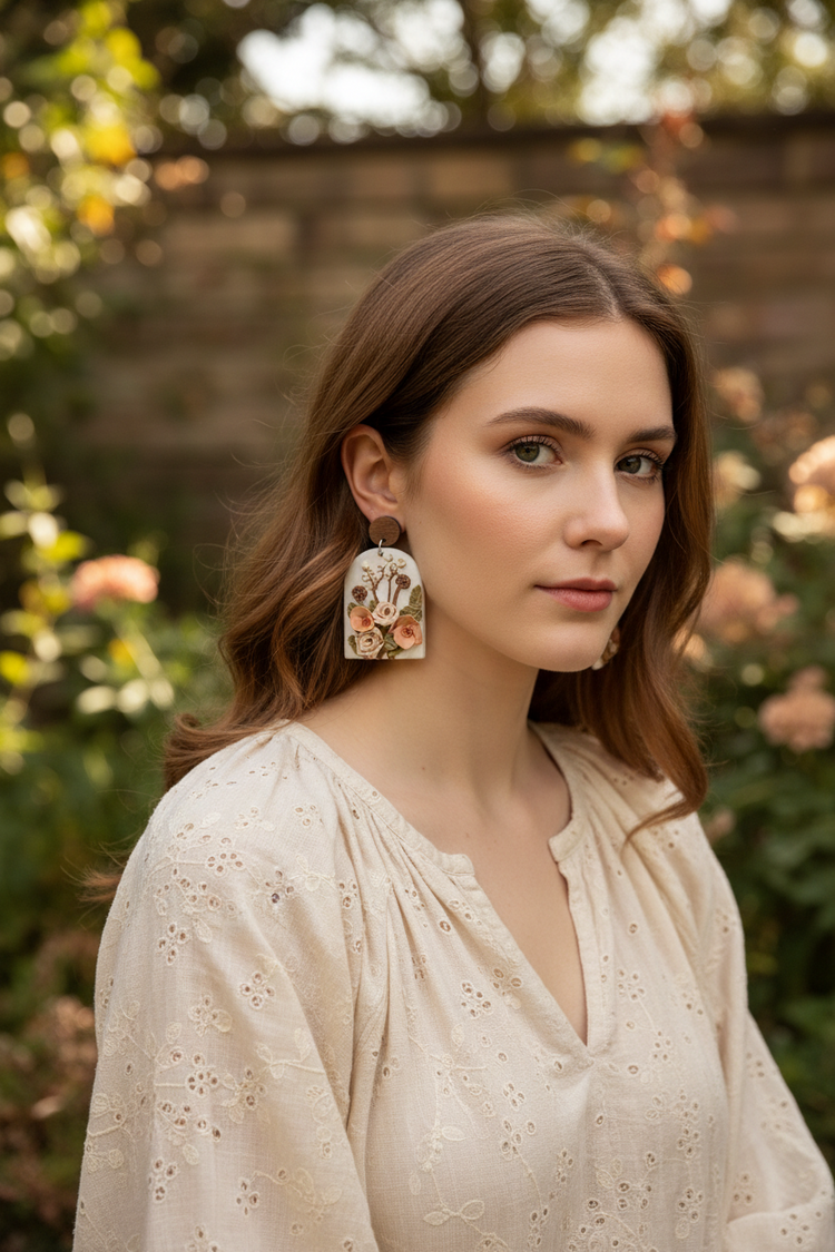 "Woman wearing handmade polymer clay floral earrings in natural tones in an outdoor garden setting"