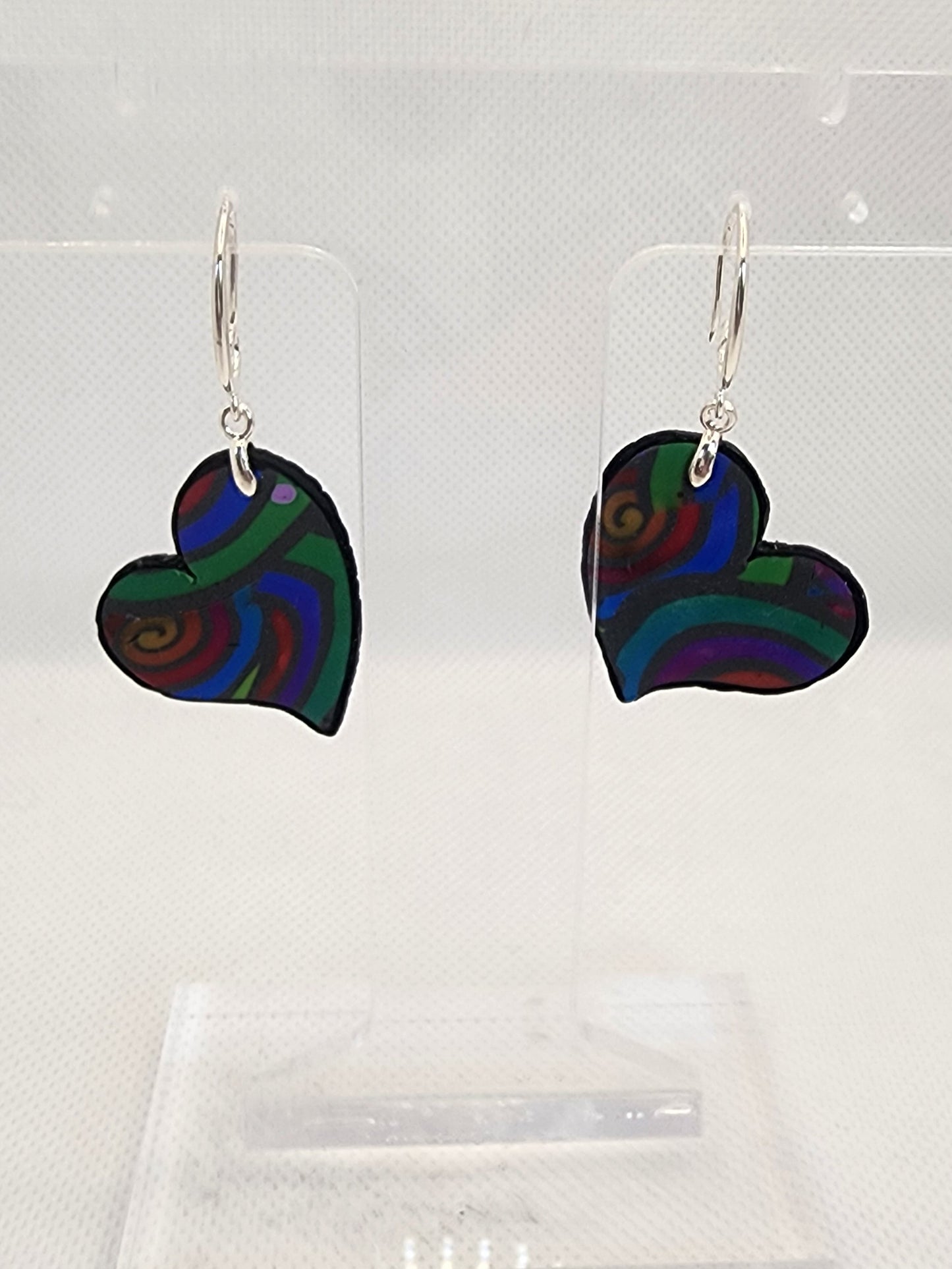 Rainbow Swirl Heart Earrings Small - handmade polymer clay earrings with vibrant jewel tone rainbow swirls in green blue purple red
