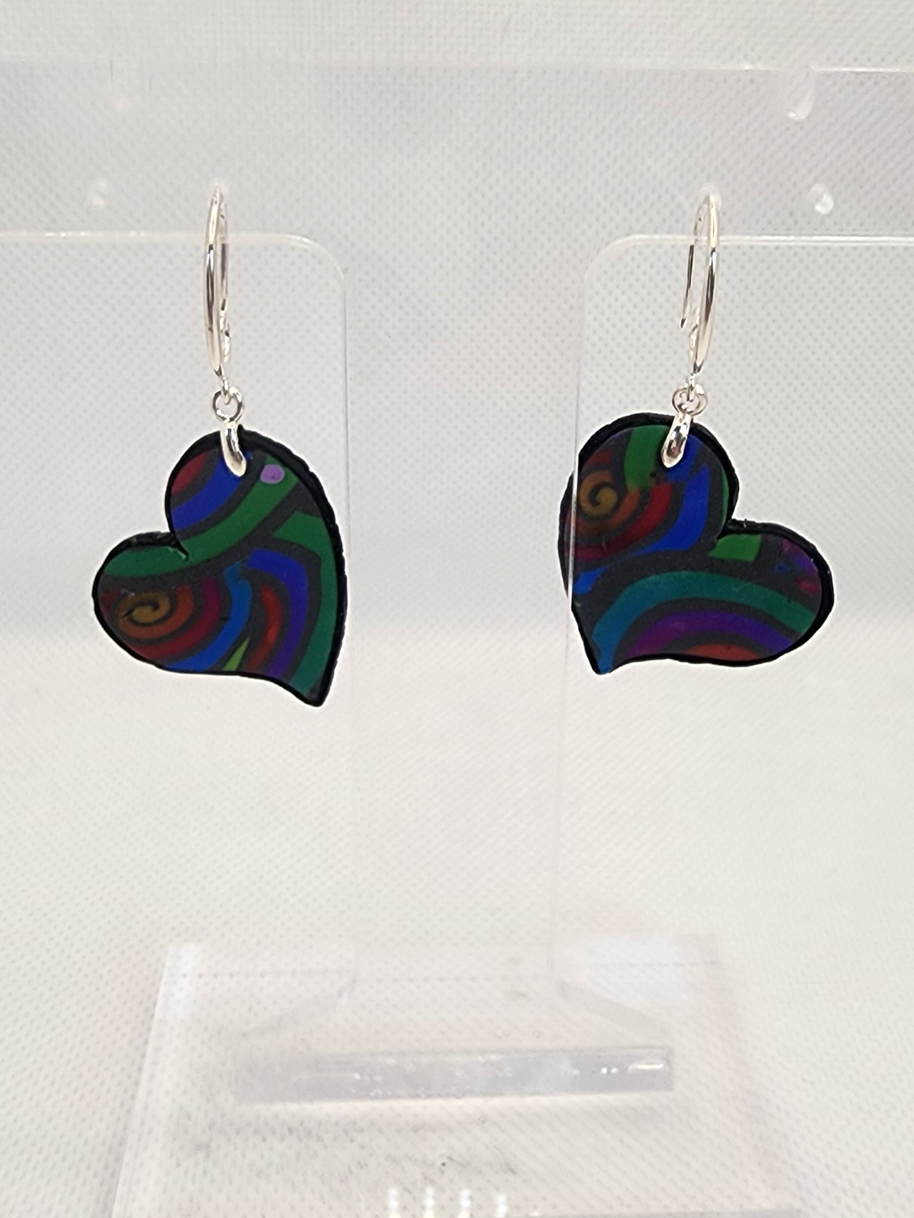 Rainbow Swirl Heart Earrings Small - handmade polymer clay earrings with vibrant jewel tone rainbow swirls in green blue purple red
