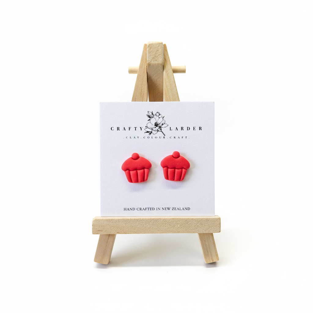  "Raspberry cupcake stud earrings on Crafty Larder card"