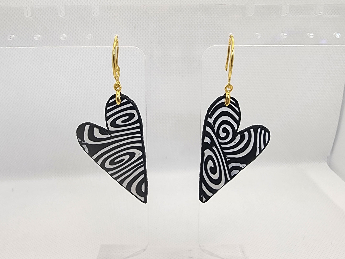 Spiral Heart Earrings Large with gold lever-back hooks - handmade polymer clay heart earrings with black white spiral pattern

