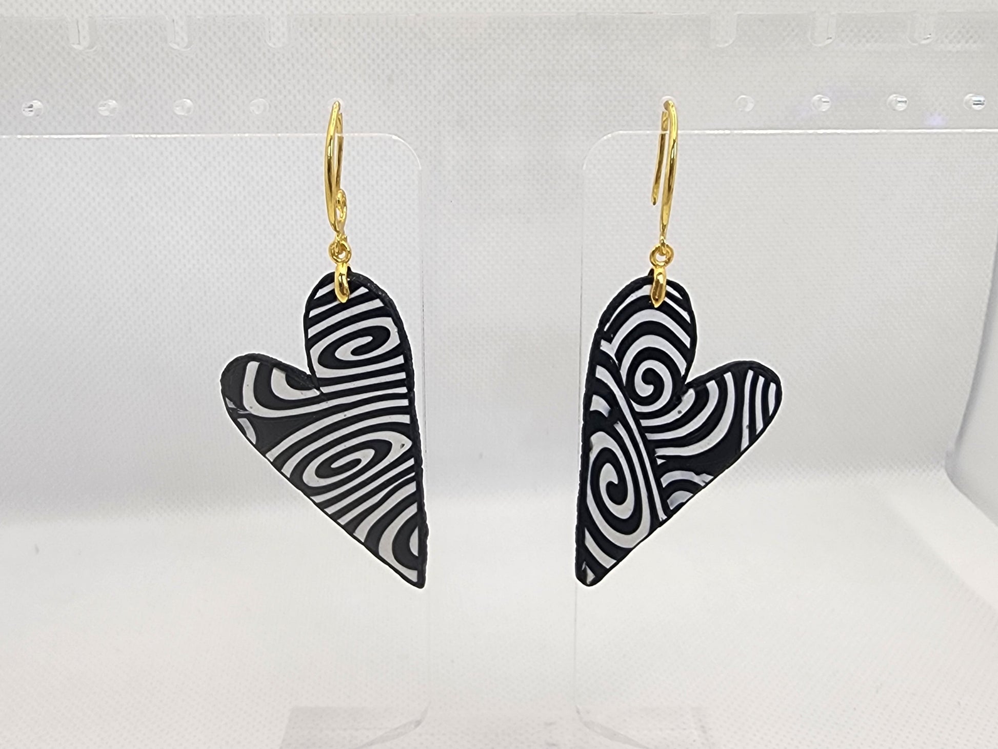 Spiral Heart Earrings Large with gold lever-back hooks - handmade polymer clay heart earrings with black white spiral pattern
