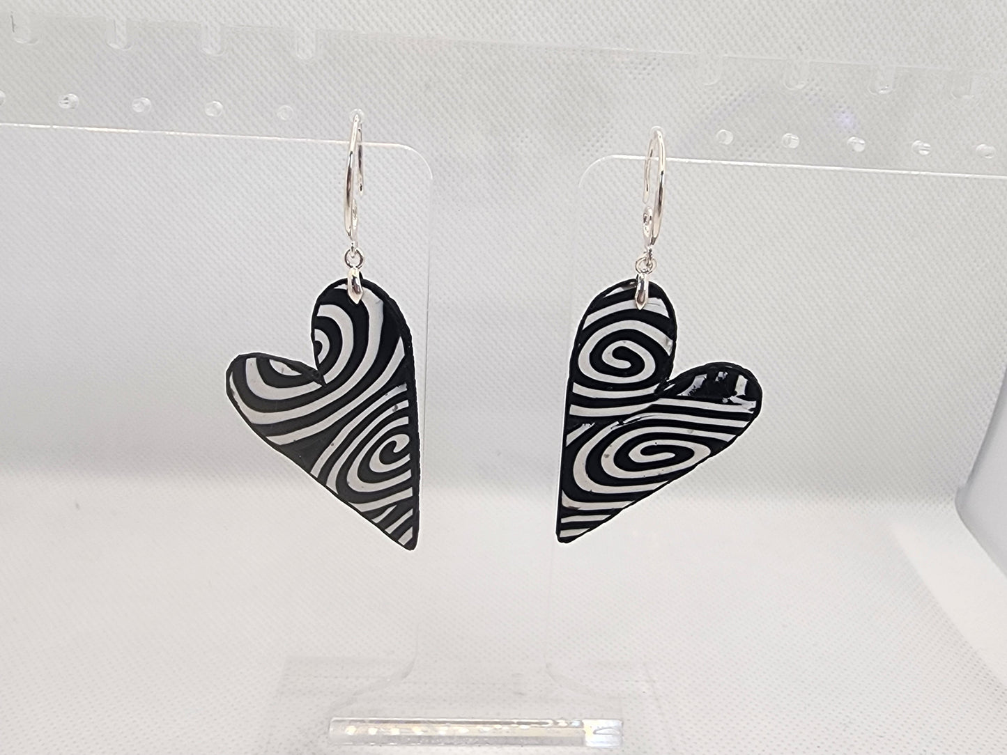 Spiral Heart Earrings Large with silver lever-back hooks - handmade polymer clay heart earrings with black white spiral design
