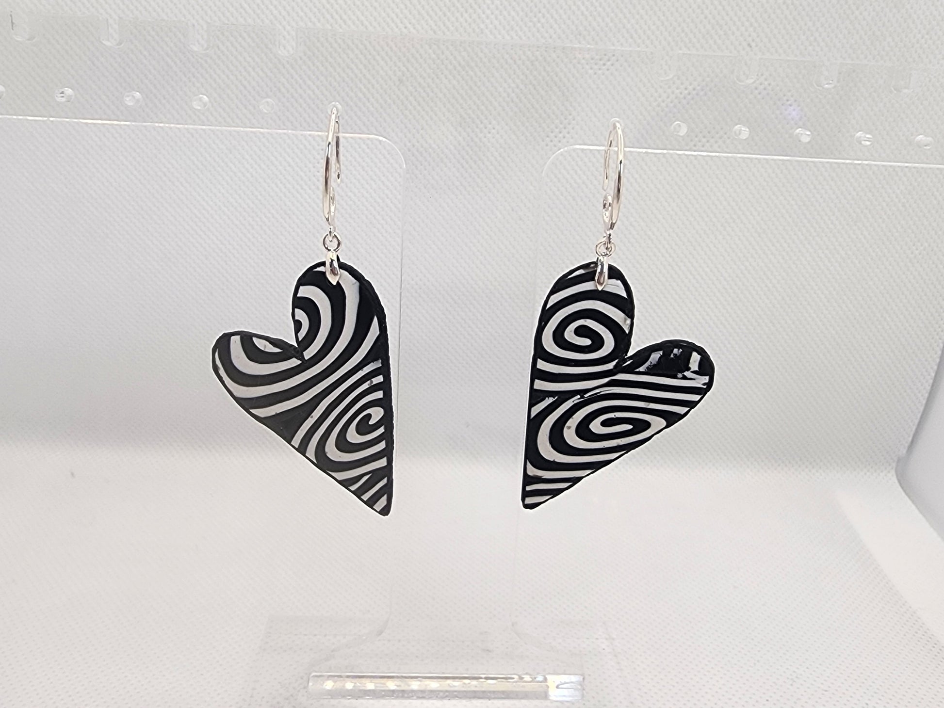 Spiral Heart Earrings Large with silver lever-back hooks - handmade polymer clay heart earrings with black white spiral design
