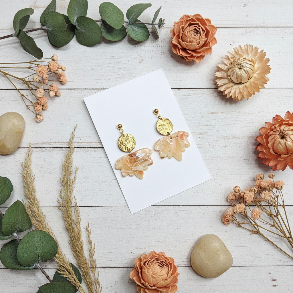 "Handmade polymer clay agate brass leaf earrings with textured gold discs and marbled leaf dangles"