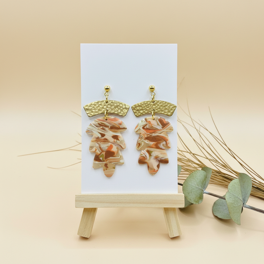  "Handmade polymer clay agate brass statement earrings with textured brass waves and layered marbled shapes"
