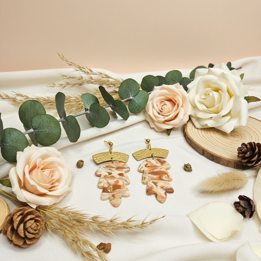  "Handmade polymer clay agate brass statement earrings with textured brass waves and layered marbled shapes"