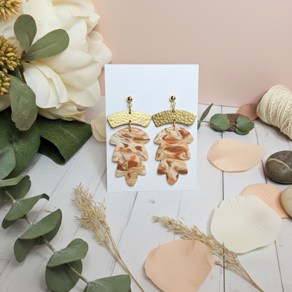  "Handmade polymer clay agate brass statement earrings with textured brass waves and layered marbled shapes"