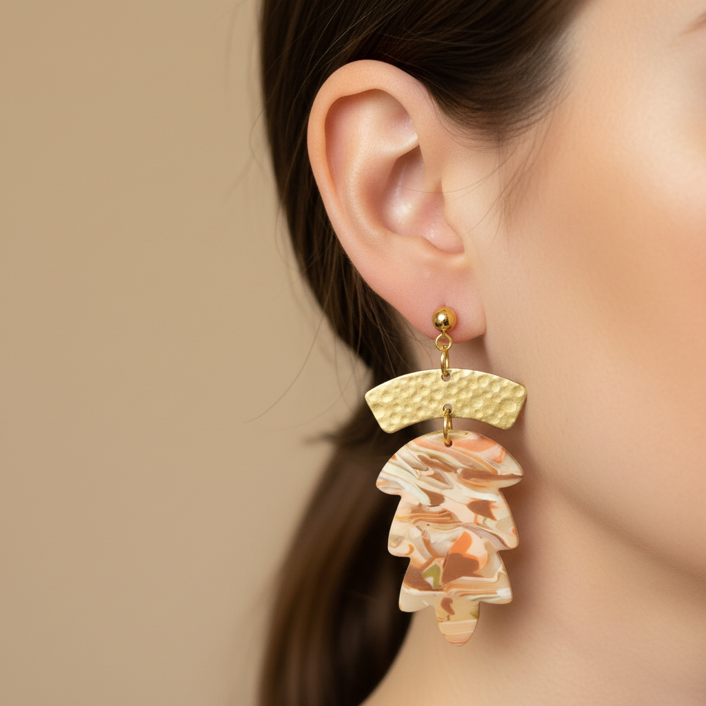  "Handmade polymer clay agate brass statement earrings with textured brass waves and layered marbled shapes"