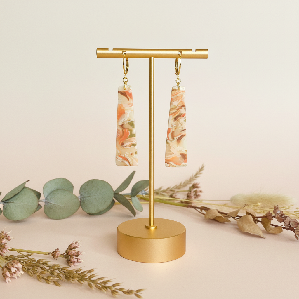 "Handmade polymer clay agate fob style earrings with marbled rectangular dangles in cream, peach, coral, and sage green"
