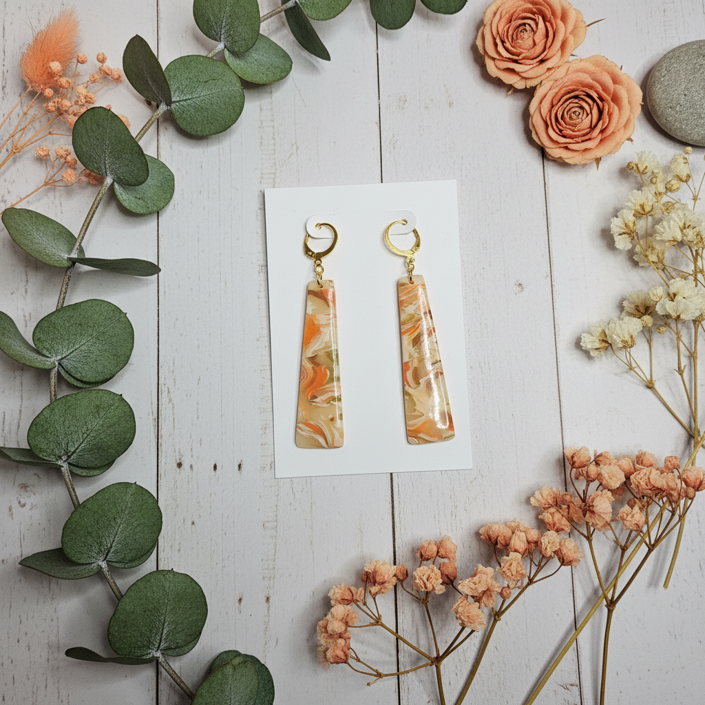  "Handmade polymer clay agate fob style earrings with marbled rectangular dangles in cream, peach, coral, and sage green"