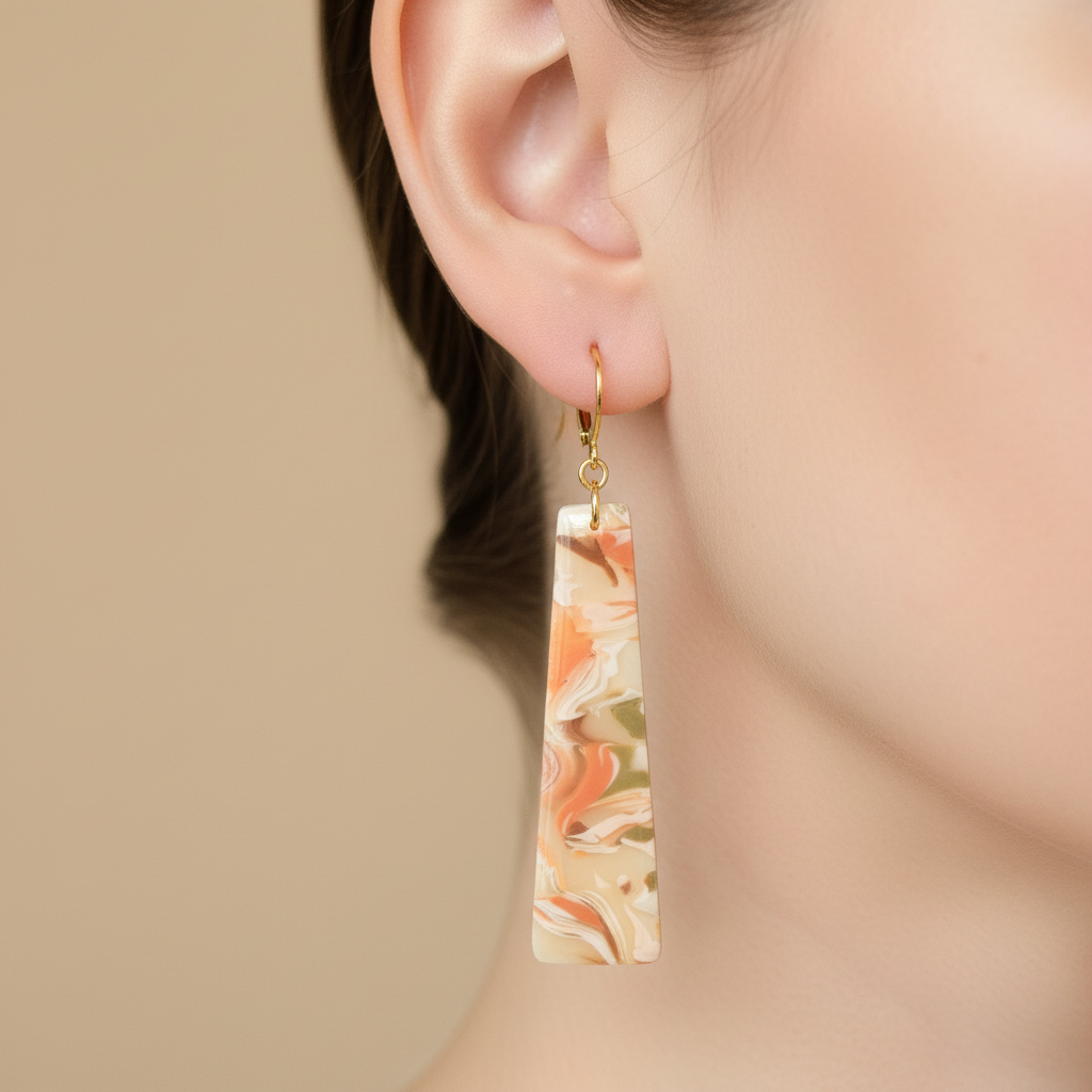  "Handmade polymer clay agate fob style earrings with marbled rectangular dangles in cream, peach, coral, and sage green"