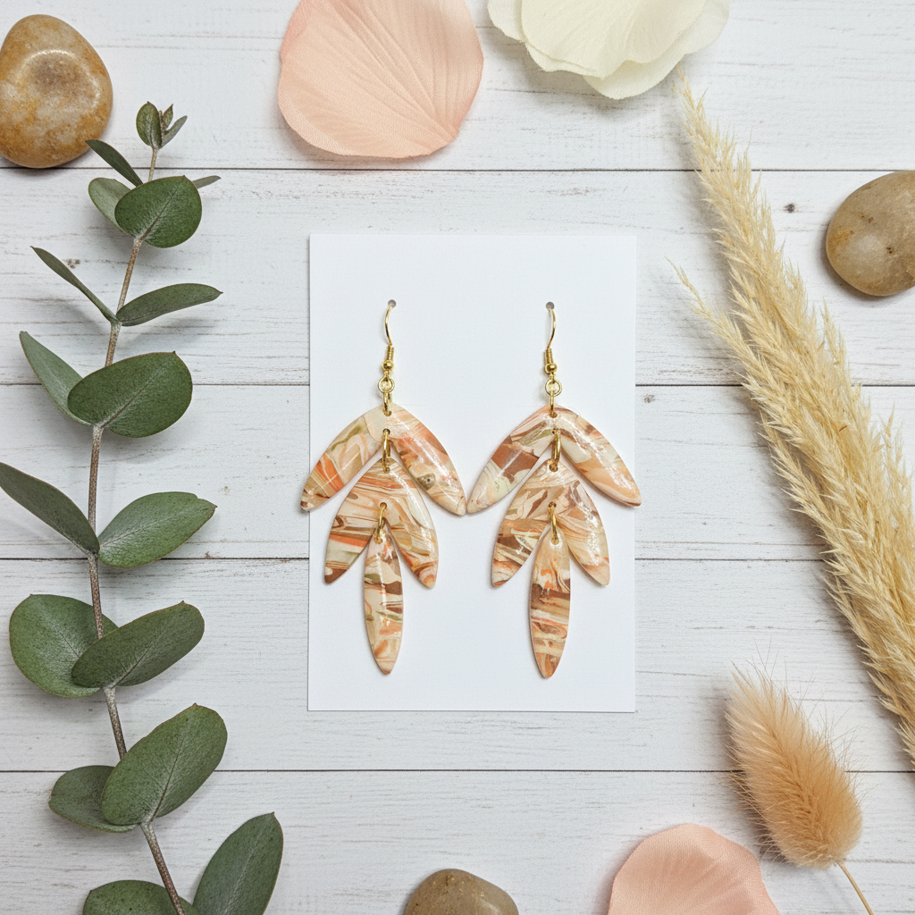 "Handmade polymer clay agate statement earrings with layered marbled leaves in cream, peach, and coral"