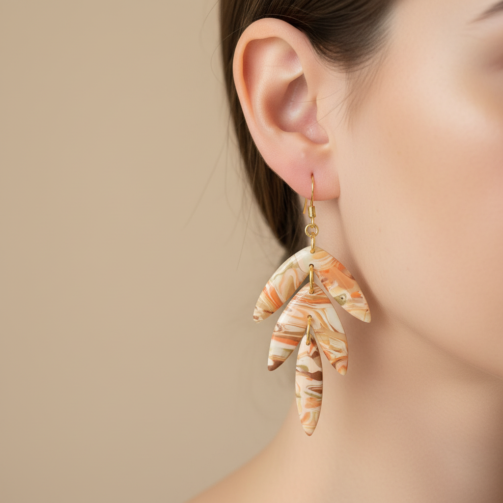 "Handmade polymer clay agate statement earrings with layered marbled leaves in cream, peach, and coral"