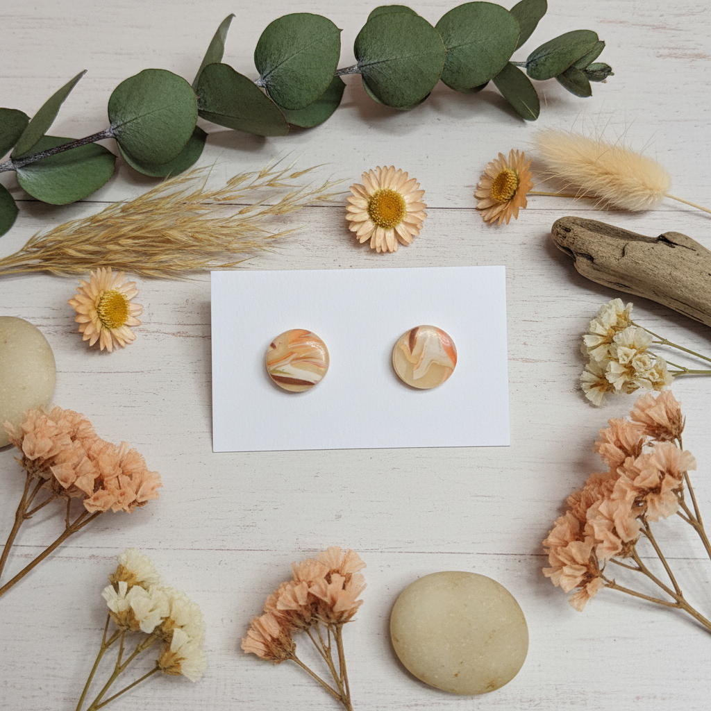 "Handmade polymer clay agate stud earrings with cream, peach, and coral marbled swirl pattern"